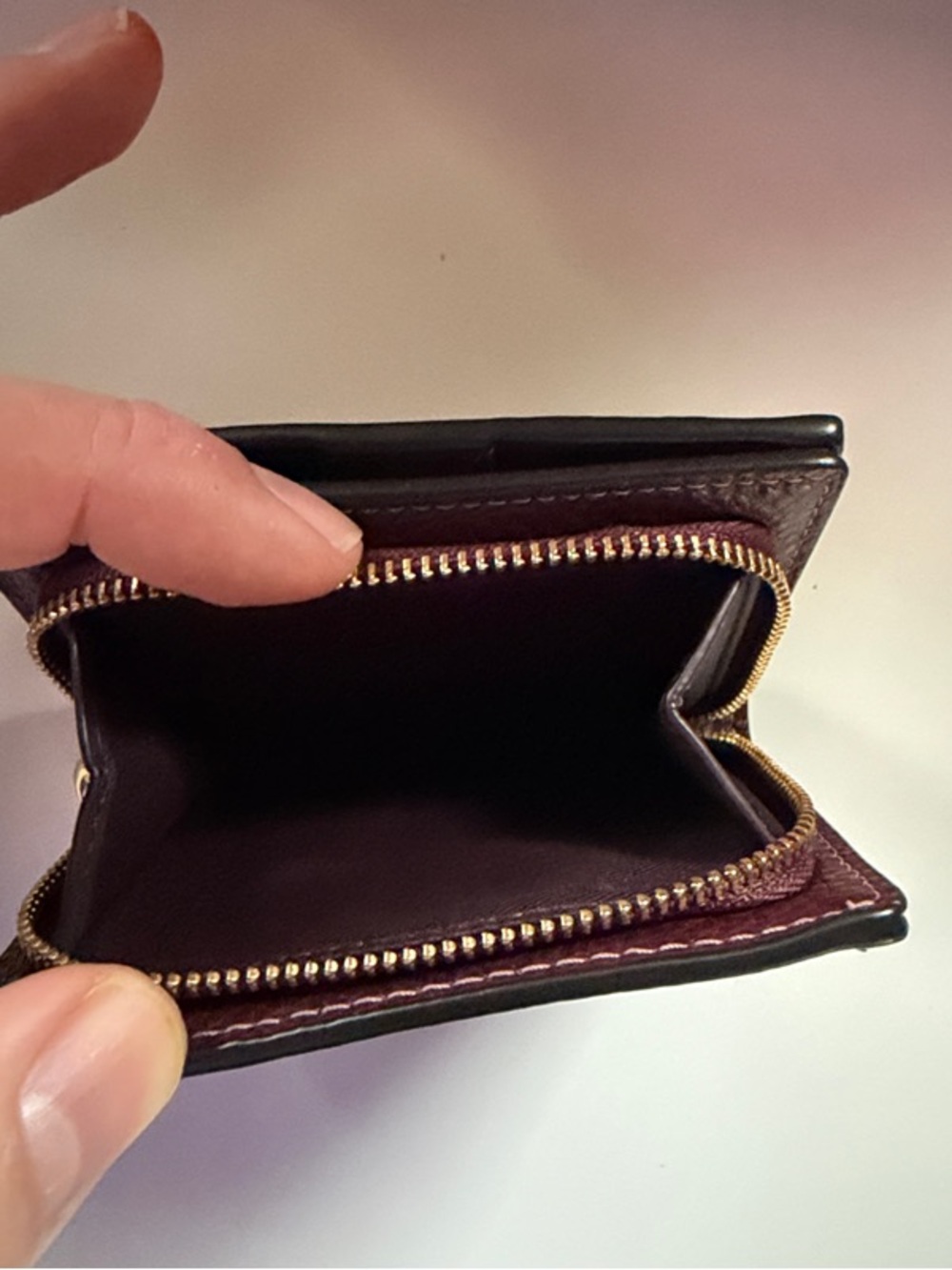 Coach Pebbled Leather Compact Wallet in Burgundy with Gold Hardware - Picture 3 of 3